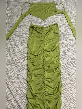 Olive Green Ruched Two-Piece Skirt Set